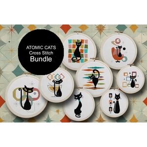 11 PATTERN BUNDLE - Mid Century Atomic Black Cat Counted Cross Stitch Patterns‎